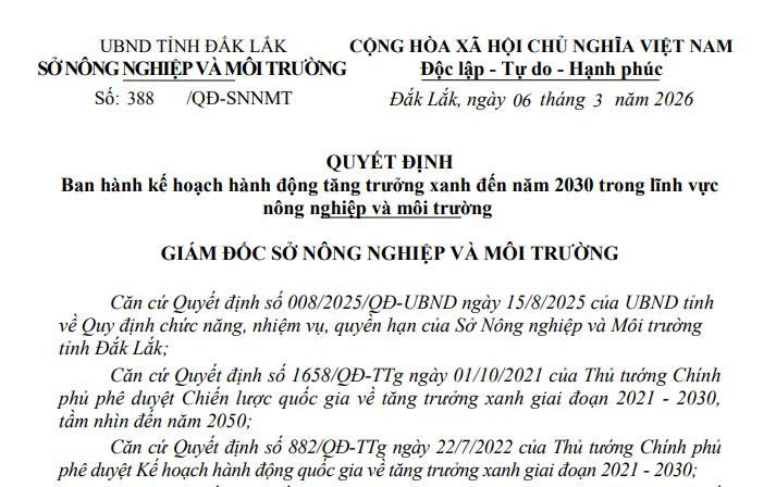 Sở Nông nghiệp và Môi trường Đắk Lắk ban hành Kế hoạch hành động tăng trưởng xanh đến năm 2030